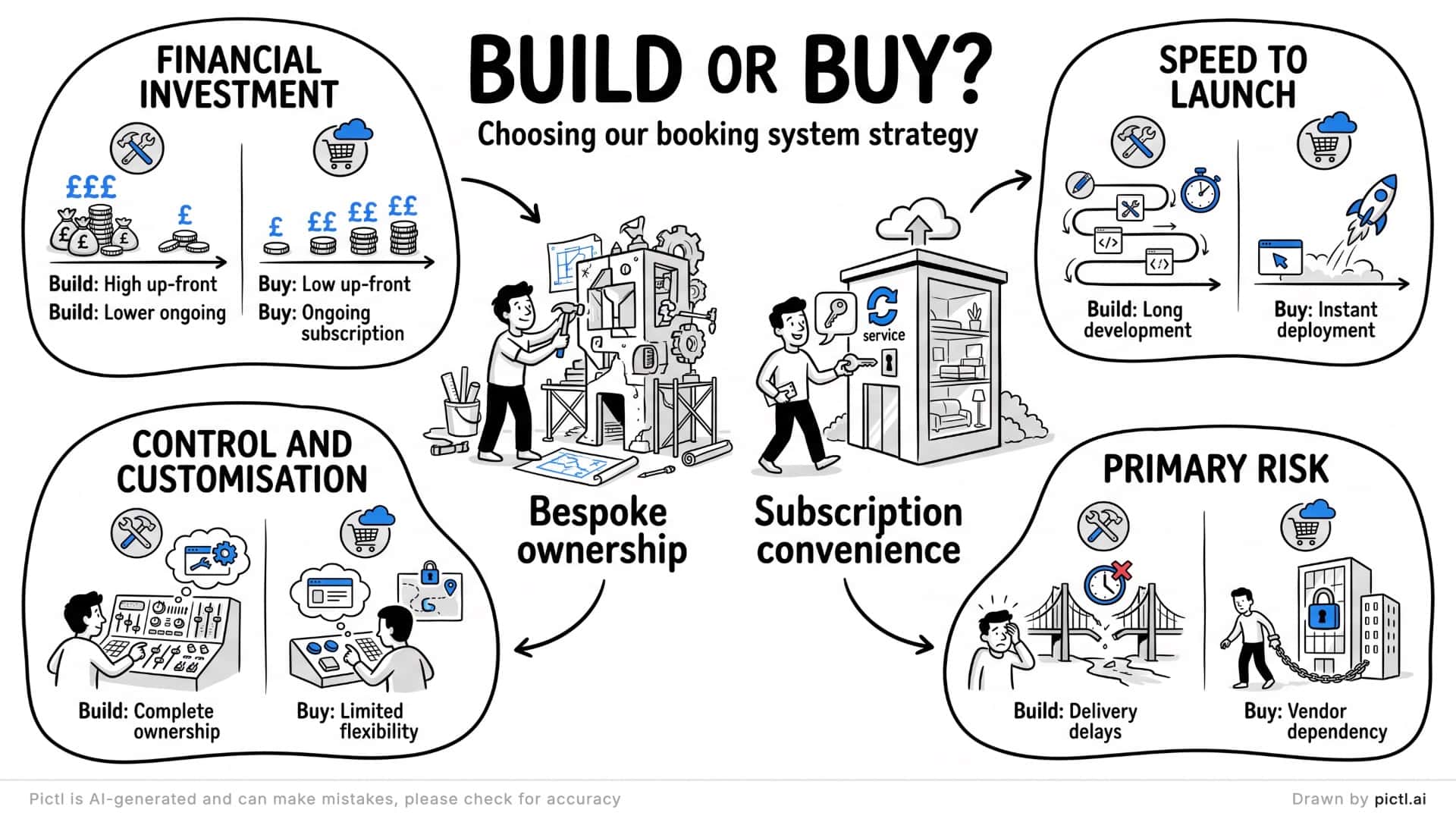 Explainer-style Pictl for a board paper: build or buy a booking system, comparing the investment, speed to launch, control and main risk of each.