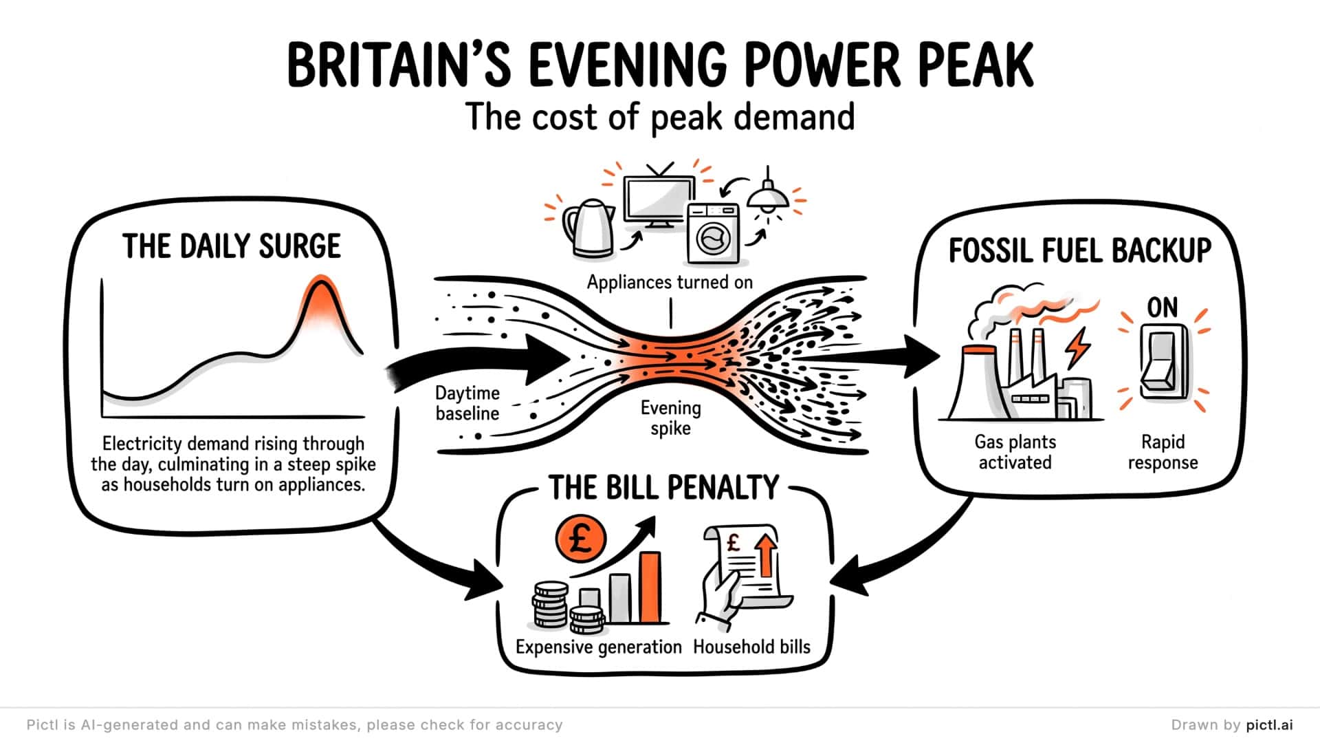 Pictl of Britain’s evening power peak: demand rising to a spike as people get home, gas power stations switched on to meet it, and the cost passed on to household bills.