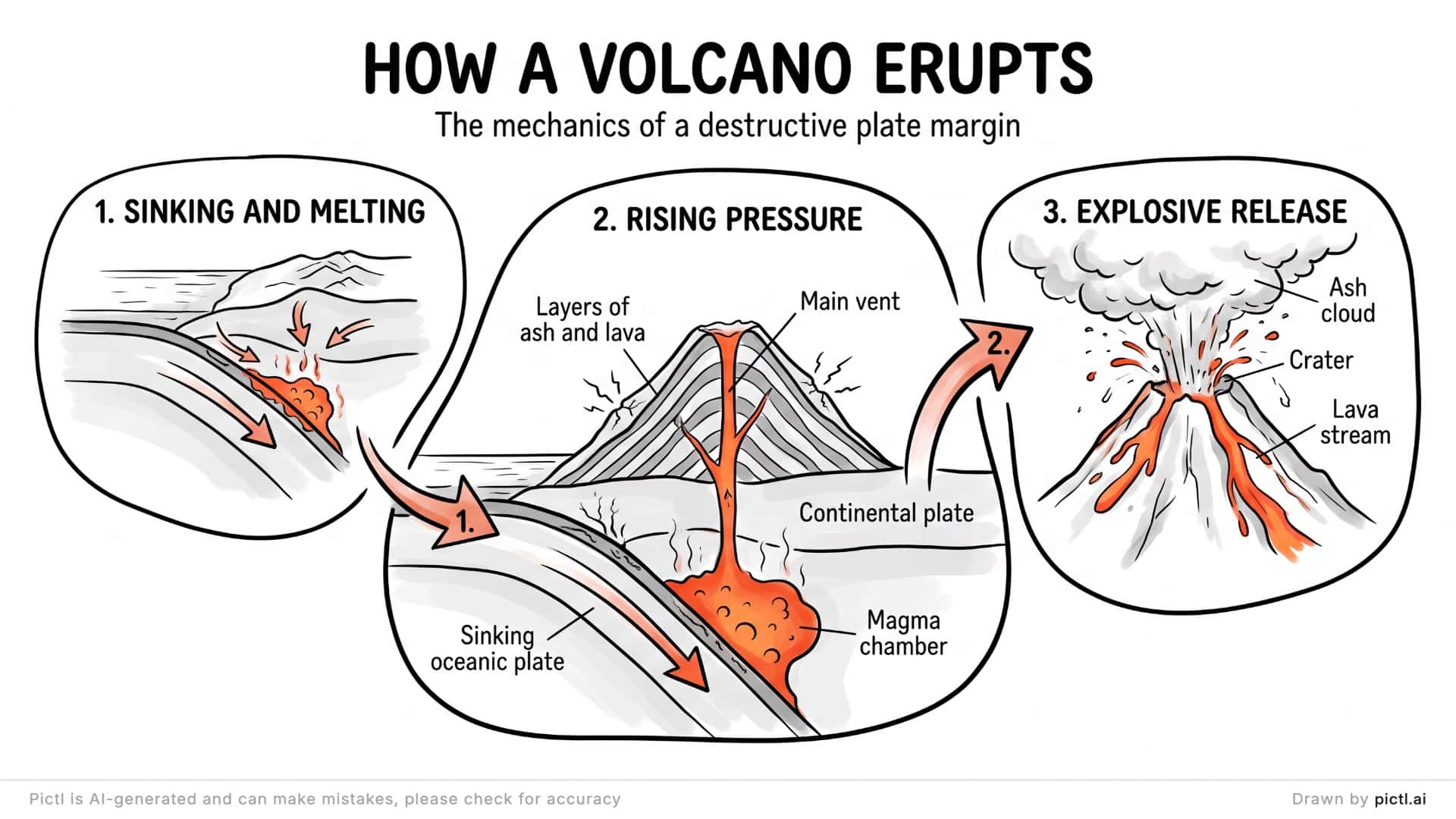 Explainer-style Pictl of how a volcano erupts at a destructive plate margin, in three stages from the sinking plate to the eruption.