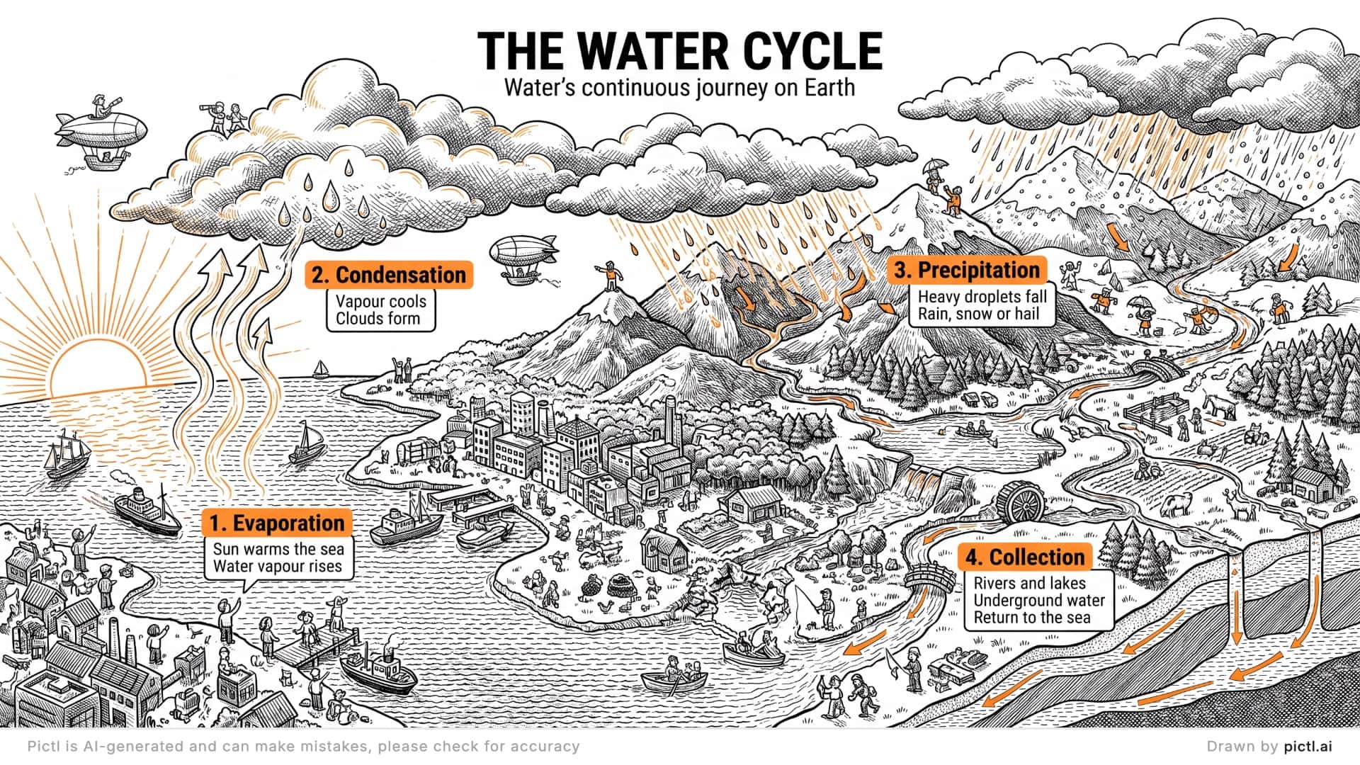 Storyscape Pictl of the water cycle as one landscape: the sun warms the sea and vapour rises, cools into clouds, falls as rain, snow or hail, and returns to the sea through rivers, lakes and groundwater.